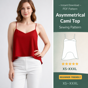 Woman wearing red asymmetrical cami top sewing pattern result with white pants, beginner friendly PDF sizes XS-XXXL
