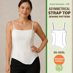 Woman wearing white asymmetrical strap top sewing pattern result with diagonal hemline, beginner friendly PDF sizes XS-XXXL