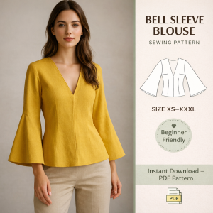 Woman wearing mustard yellow V-neck bell sleeve blouse with peplum waist, beginner friendly bell sleeve blouse sewing pattern PDF