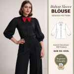 Woman wearing black bishop sleeve blouse with red bow tie, showcasing beginner-friendly bishop sleeve blouse sewing pattern PDF