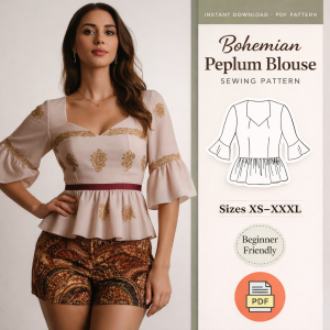 Woman wearing beige embroidered Bohemian Peplum Blouse with bell sleeves and burgundy belt, PDF sewing pattern sizes XS-XXXL