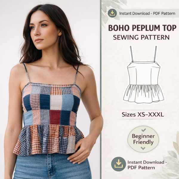 Woman wearing colorful patchwork Boho Peplum Top Sewing Pattern with spaghetti straps and gathered ruffle hem sizes XS-XXXL