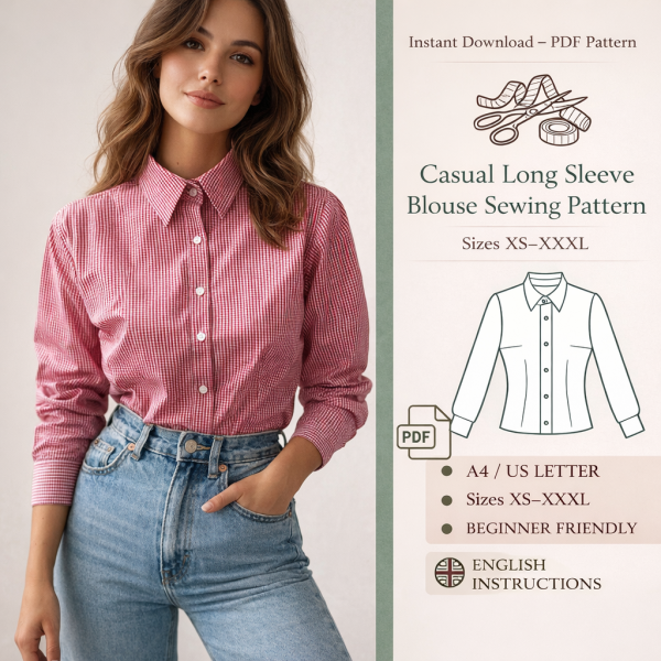 Woman wearing red gingham casual long sleeve blouse sewing pattern result with collar tucked into blue jeans sizes XS-XXXL PDF