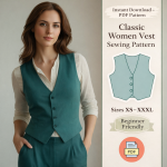 Woman wearing teal classic women vest sewing pattern over white blouse with matching pants, beginner friendly PDF download XS-XXXL