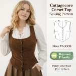 Woman wearing brown corduroy cottagecore corset top sewing pattern with white ruffled blouse, beginner friendly PDF sizes XS-XXXL