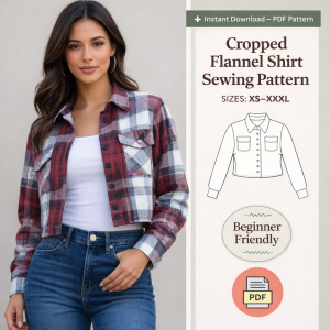 Woman wearing red and white plaid cropped flannel shirt sewing pattern result with jeans, beginner friendly PDF sizes XS-XXXL
