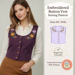 Woman wearing purple embroidered button vest with colorful floral design over cream blouse, showcasing beginner-friendly sewing pattern