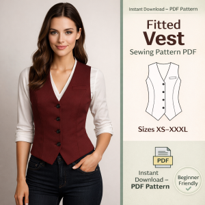 Woman wearing burgundy fitted vest over white blouse with jeans, showcasing Fitted Vest Sewing Pattern PDF sizes XS-XXXL