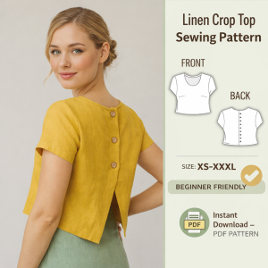 Woman wearing mustard yellow linen crop top with button back detail, beginner friendly linen crop top sewing pattern PDF XS-XXXL