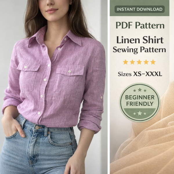 Woman wearing lavender linen shirt with front pockets and white buttons, beginner-friendly linen shirt sewing pattern PDF sizes XS-XXXL