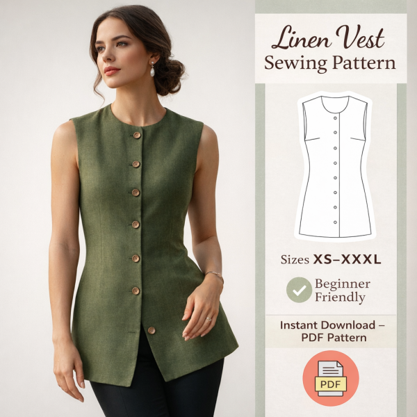 Woman wearing olive green button-front linen vest sewing pattern, beginner friendly PDF download in sizes XS-XXXL