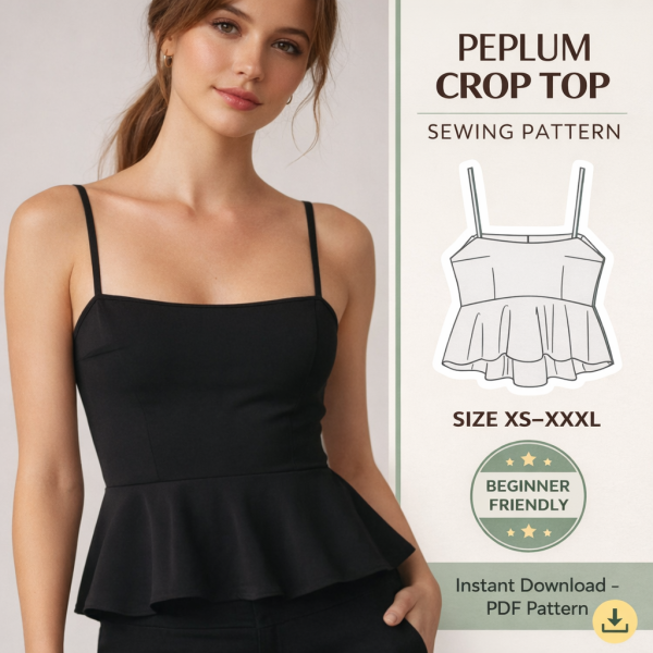 Woman wearing black peplum crop top with spaghetti straps, beginner friendly peplum crop top sewing pattern PDF size XS-XXXL