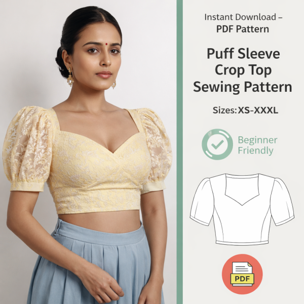 Woman wearing yellow lace puff sleeve crop top with sweetheart neckline, beginner-friendly PDF sewing pattern sizes XS-XXXL