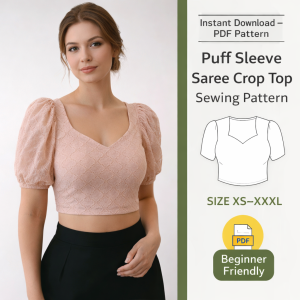 Woman wearing blush pink puff sleeve saree crop top sewing pattern with V-neck design, beginner friendly PDF sizes XS-XXXL