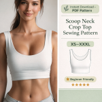 Woman wearing white scoop neck crop top sewing pattern result with PDF pattern sketch showing XS-XXXL sizing