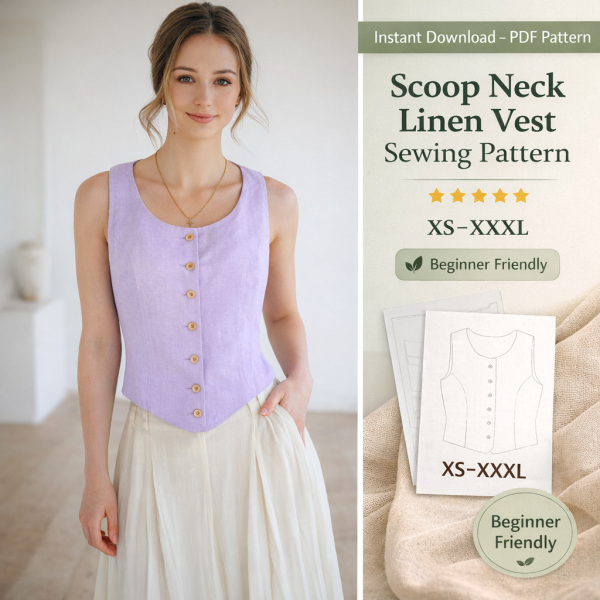 Woman wearing lavender scoop neck linen vest with wooden buttons paired with cream skirt, beginner friendly sewing pattern XS-XXXL