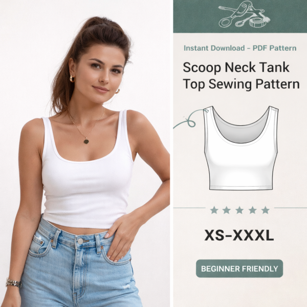 Woman wearing white scoop neck tank top with jeans next to beginner friendly scoop neck tank top sewing pattern PDF XS-XXXL