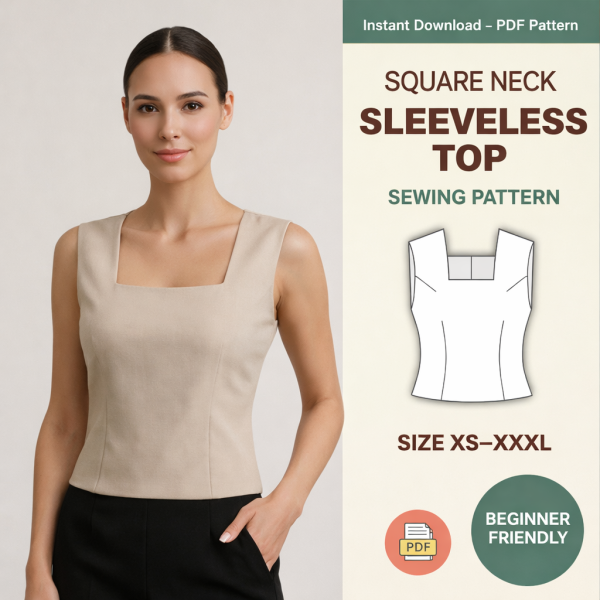 Woman wearing beige square neck sleeveless top sewing pattern result with PDF pattern diagram sizes XS-XXXL beginner friendly