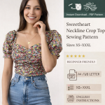 Woman wearing floral puff sleeve sweetheart neckline crop top sewing pattern result in pink yellow print with jeans