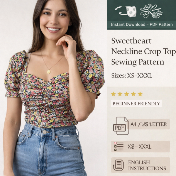 Woman wearing floral puff sleeve sweetheart neckline crop top sewing pattern result in pink yellow print with jeans