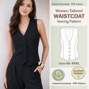 Woman wearing black V-neck vest with buttons showcasing Women Tailored Waistcoat Sewing Pattern PDF sizes XS-XXXL beginner friendly