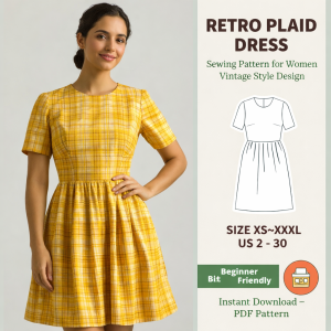 Woman wearing yellow retro plaid dress sewing pattern for women vintage style design with gathered skirt and short sleeves
