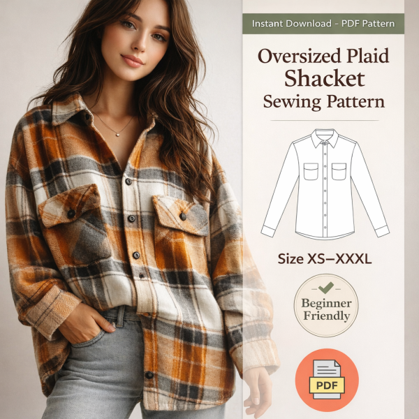 Woman wearing orange and brown oversized plaid shacket sewing pattern PDF instant download sizes XS to XXXL beginner friendly
