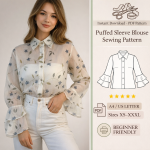 Woman wearing sheer floral puffed sleeve blouse with ruffled cuffs, beginner-friendly PDF sewing pattern sizes XS-XXXL