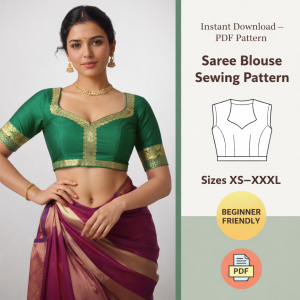 Woman wearing green and gold saree blouse with purple saree showcasing beginner-friendly saree blouse sewing pattern PDF