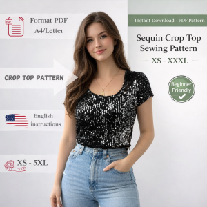 Woman wearing black sequin crop top with jeans showcasing beginner-friendly sequin crop top sewing pattern PDF XS-XXXL