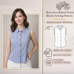 Woman wearing light blue sleeveless button down blouse sewing pattern PDF with collar, sizes XS-XXXL, beginner friendly
