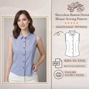 Woman wearing light blue sleeveless button down blouse sewing pattern PDF with collar, sizes XS-XXXL, beginner friendly
