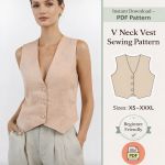 Woman wearing blush pink linen V neck vest sewing pattern with button front, beginner friendly PDF download sizes XS to XXXL