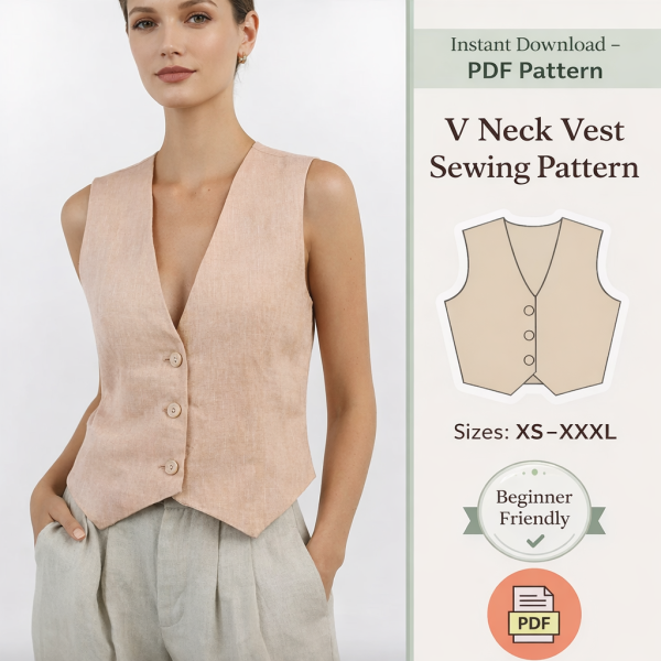 Woman wearing blush pink linen V neck vest sewing pattern with button front, beginner friendly PDF download sizes XS to XXXL