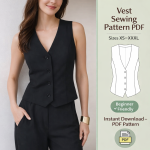 Woman wearing black button-front vest with matching pants showcasing beginner-friendly vest sewing pattern PDF sizes XS-XXXL