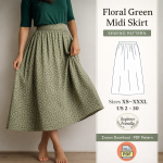Floral green midi skirt sewing pattern PDF with woman modeling gathered waist skirt in sizes XS to XXXL beginner friendly