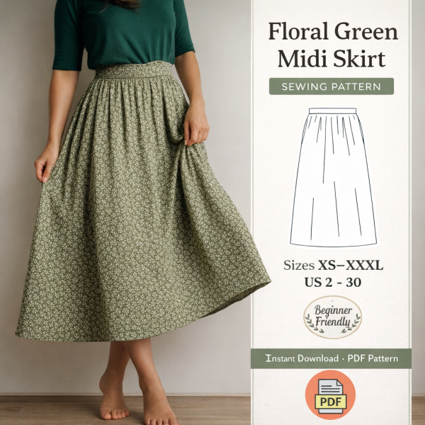 Floral green midi skirt sewing pattern PDF with woman modeling gathered waist skirt in sizes XS to XXXL beginner friendly