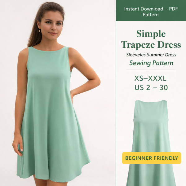 Woman wearing mint green simple trapeze dress sleeveless summer dress sewing pattern, beginner friendly PDF sizes XS-XXXL