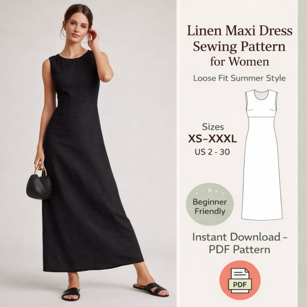 Woman wearing black linen maxi dress sewing pattern for women loose fit summer style with line drawing and size chart XS-XXXL