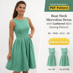 Woman wearing mint green Boat Neck Sleeveless Dress with Gathered Skirt Sewing Pattern, beginner-friendly PDF sizes XS-XXXL