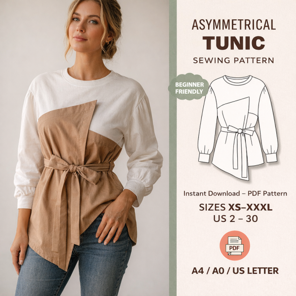Woman wearing white and tan color-blocked asymmetrical tunic sewing pattern with tie waist belt, beginner friendly PDF download sizes XS-XXXL