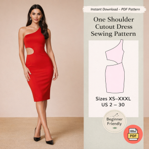 One Shoulder Cutout Dress Sewing Pattern PDF in red, beginner friendly, sizes XS-XXXL, instant download