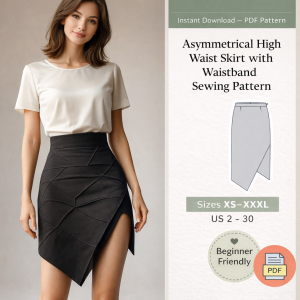 Woman wearing black asymmetrical high waist skirt with waistband sewing pattern in sizes XS-XXXL beginner friendly PDF download