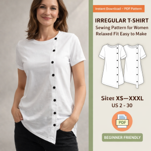 Woman wearing white asymmetrical button-front top from irregular t-shirt sewing pattern for women relaxed fit easy to make PDF
