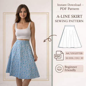 Woman wearing blue floral A-Line skirt with white crop top showcasing beginner-friendly A-Line Skirt Sewing Pattern PDF download
