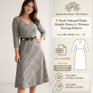 Woman wearing gray plaid V neck natural waist simple dress for women sewing pattern with black belt, sizes XS-XXXL