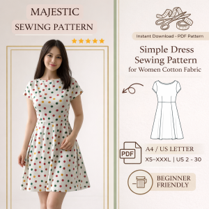 Woman wearing polka dot fit and flare dress made from simple dress sewing pattern for women cotton fabric PDF download