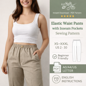 Woman wearing beige linen elastic waist pants with inseam pockets, showcasing beginner-friendly PDF sewing pattern XS-XXXL