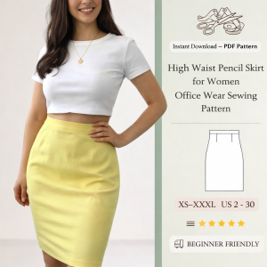 Woman wearing yellow high waist pencil skirt for women office wear sewing pattern with white crop top, beginner friendly PDF download