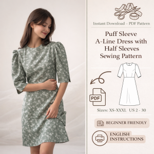 Woman wearing sage green floral Puff Sleeve A-Line Dress with Half Sleeves Sewing Pattern PDF download sizes XS-XXXL